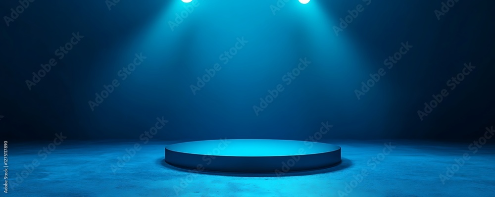 Poster a dramatic empty stage illuminated by blue lights, creating a captivating atmosphere for performance