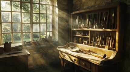 Sunlight floods antique woodworking shop