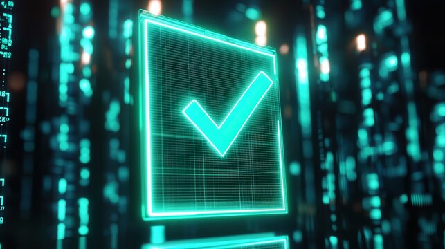 eon green checkmark glowing on top of a document icon, representing a successful audit completion in a modern, digital environment