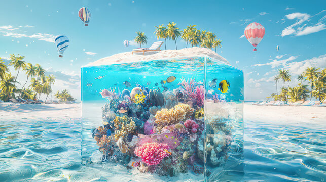 Tropical coral reef inside a giant ice cube on a beach with hot air balloons.