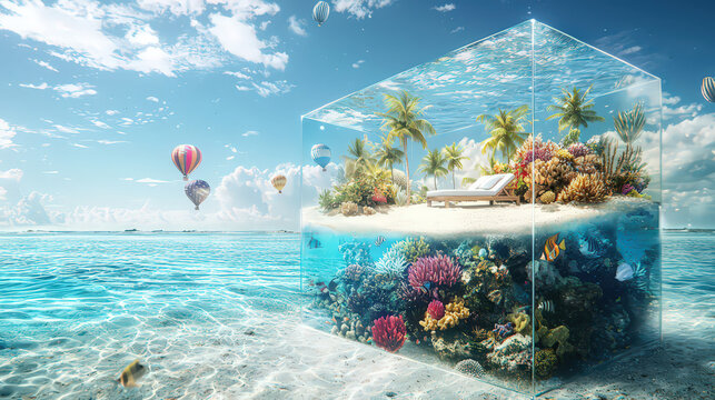 Tropical island paradise inside a glass cube, above and below water, with hot air balloons in the sky.
