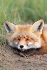Naklejka premium Fox rests near its den in grassy field. Wildlife photography for nature lovers