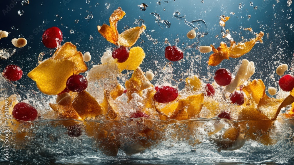 Aufkleber vibrant splash of mixed fruits and nuts creating dynamic water droplets in a serene background