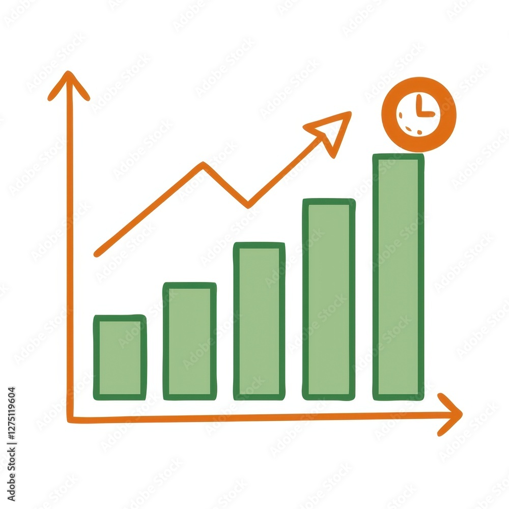 Poster a simple illustration of a bar graph with a rising trend line and a clock icon, representing growth 