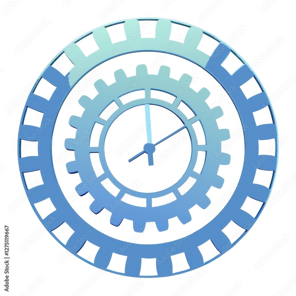 Poster a stylized clock design featuring layered gears in shades of blue, representing the passage of time 