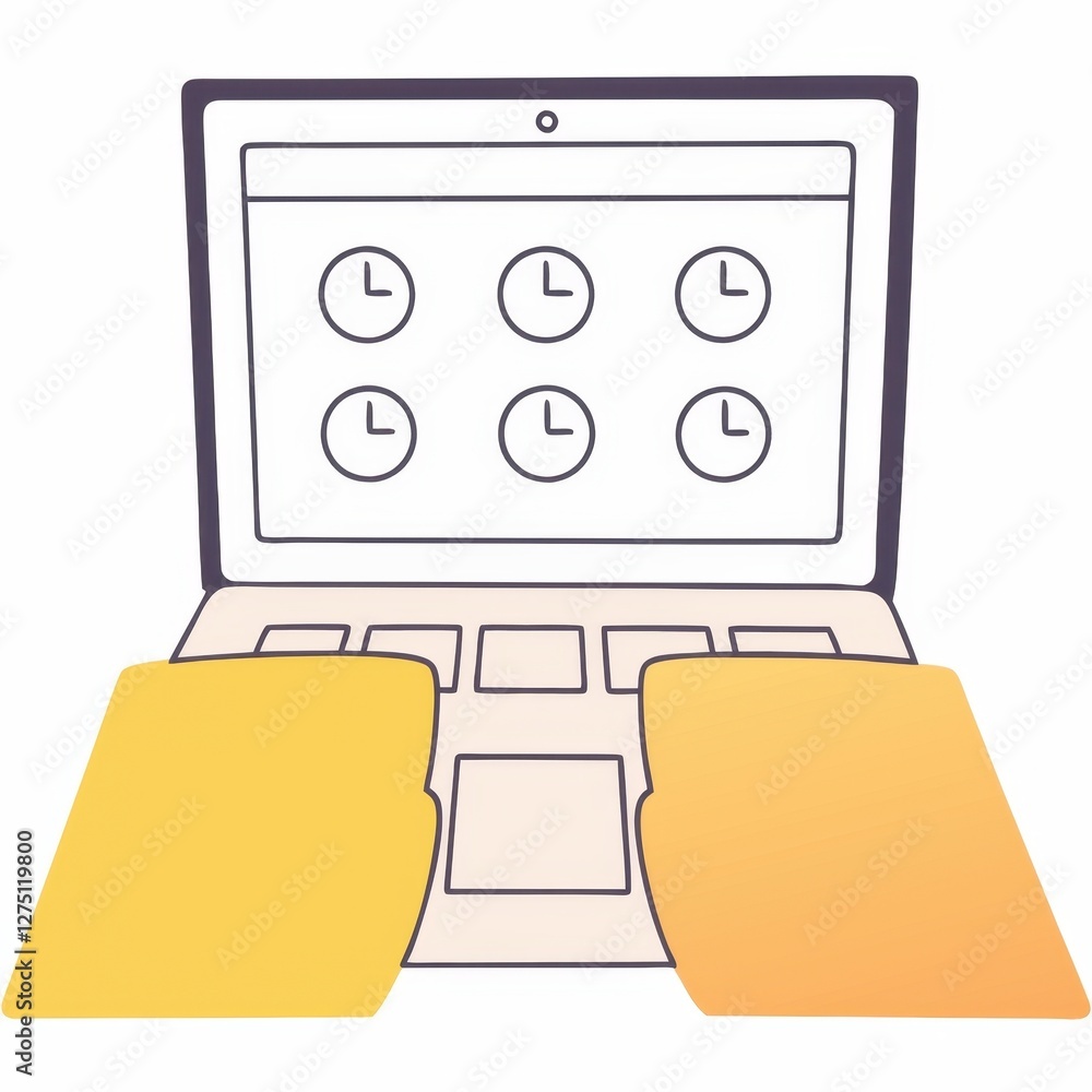 Poster a laptop with two yellow folders and multiple clock icons, symbolizing time management and organizat