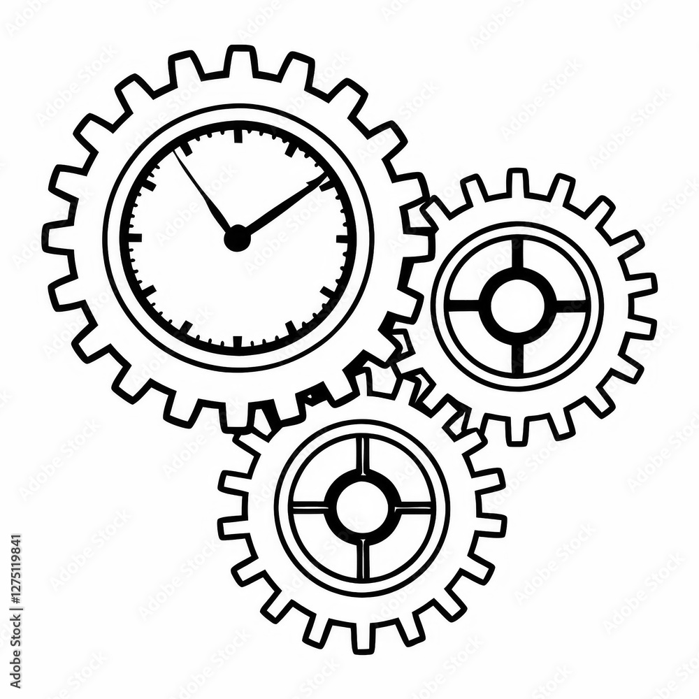 Poster a trio of interconnected gears with a clock face, symbolizing time, mechanics, and precision in a mi