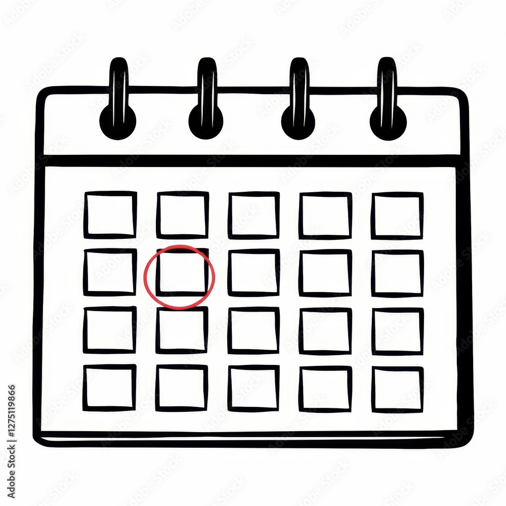 Poster a simple illustrated calendar featuring empty date boxes, with one date highlighted in red, indicati