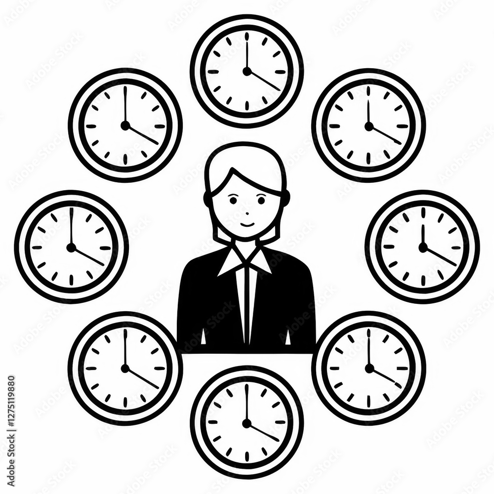 Poster a person in a suit is surrounded by multiple clocks, symbolizing time management and the importance 