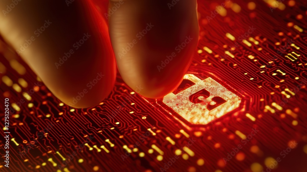 Poster human finger pointing at a digital padlock icon, representing secure data protection in a cyber envi
