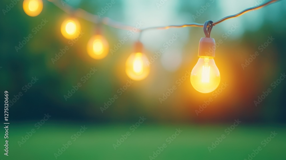 Poster a close-up of glowing string lights against a blurred green background, creating a warm, inviting at