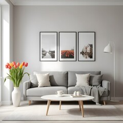 Modern Living Room Interior with Gray Sofa and Artwork
