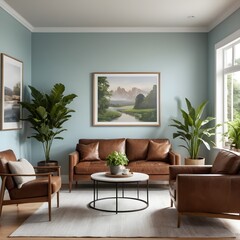 Fototapeta premium Serene Living Room with Mountain View Artwork