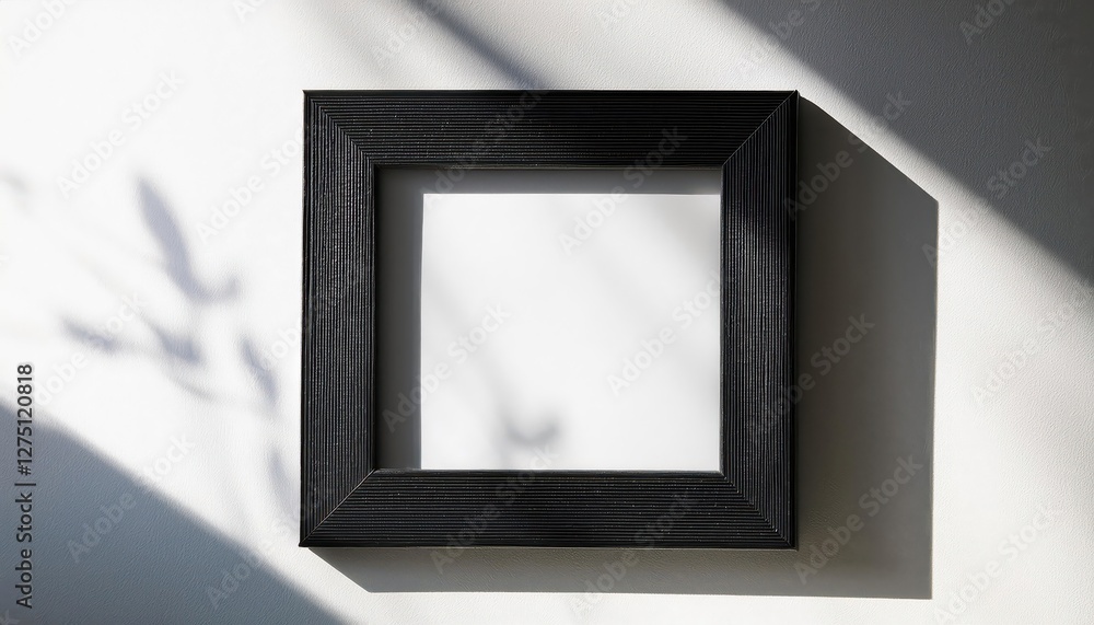 Poster minimal empty square frame mockup against a white wall background with window light a timeless black
