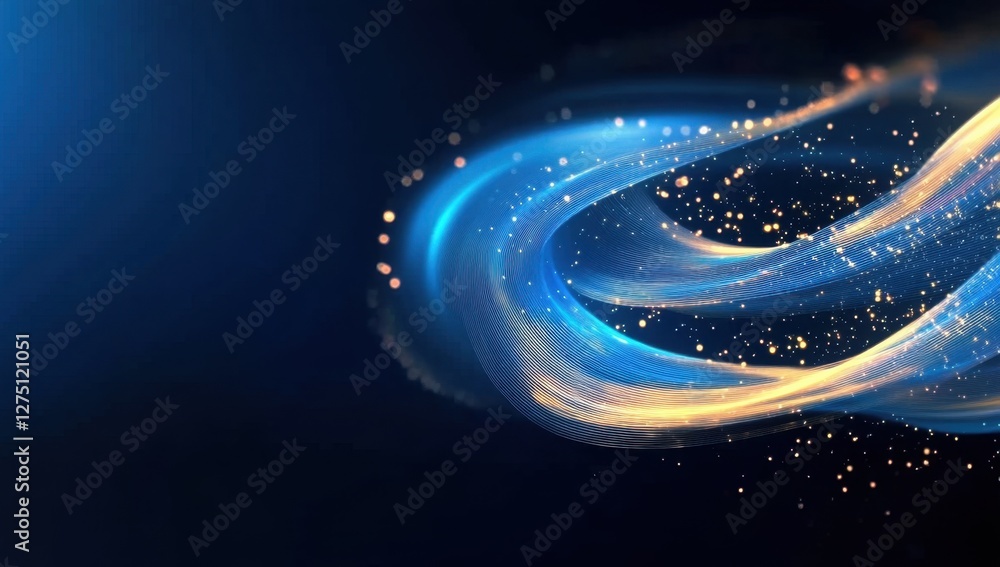 Poster a vibrant swirl of blue and gold light particles against a dark background, creating a dynamic and e