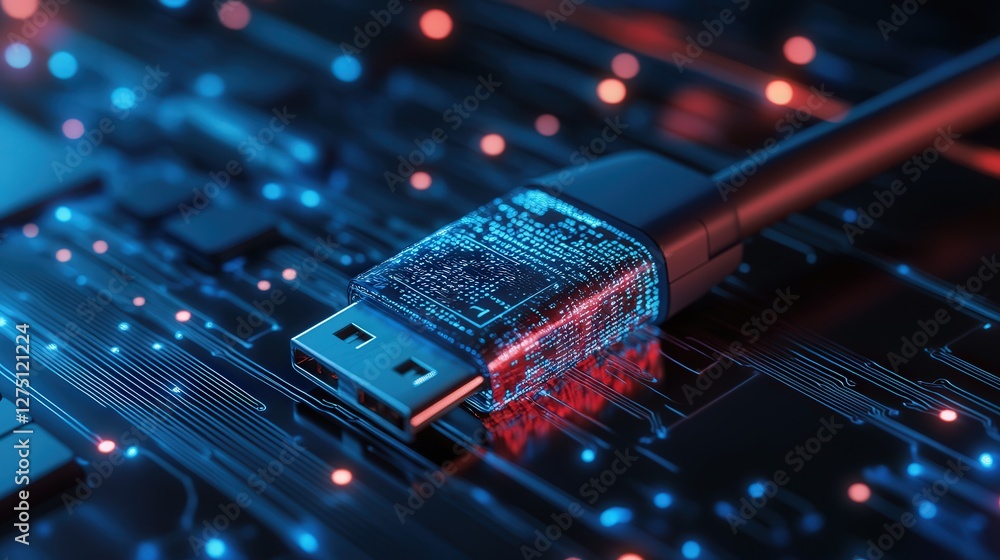 Poster infected usb drive plugged into a computer, spreading ransomware across the network.