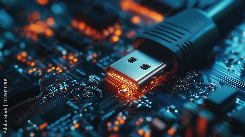 Poster infected usb drive plugged into a computer, spreading ransomware across the network.