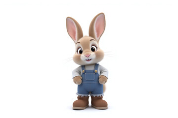 Fototapeta premium Rabbit in overalls and boots stands with paws on hips looks at cam
