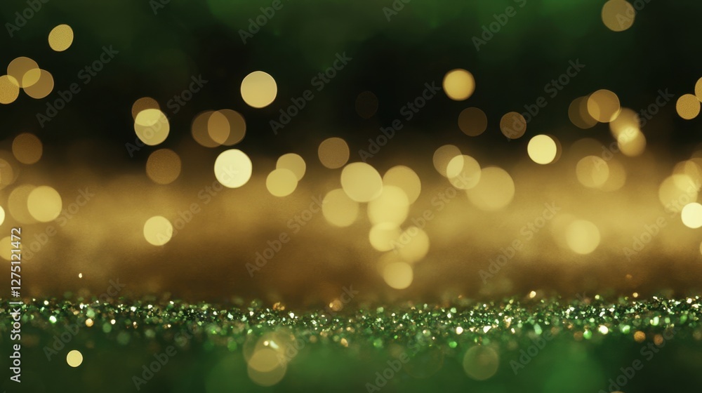 Poster a shimmering green and gold background filled with soft, glowing bokeh lights, creating a festive an