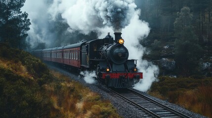 Vintage steam train through misty mountain landscape. Possible use Travel poster, stock photo for scenic train travel