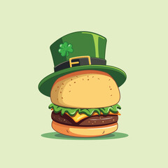 A festive flat cartoon burger wearing a vibrant green top hat, Ideal for holiday promotions, party invitations, or digital content celebrating March 17.