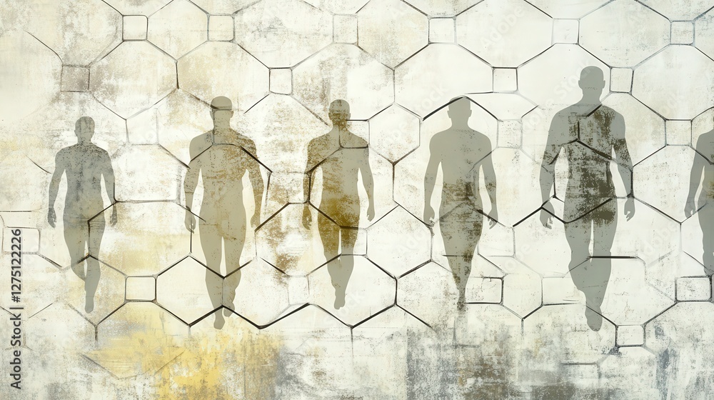Poster human figures linked by lines in a hexagonal pattern, representing the unity and strength of social 