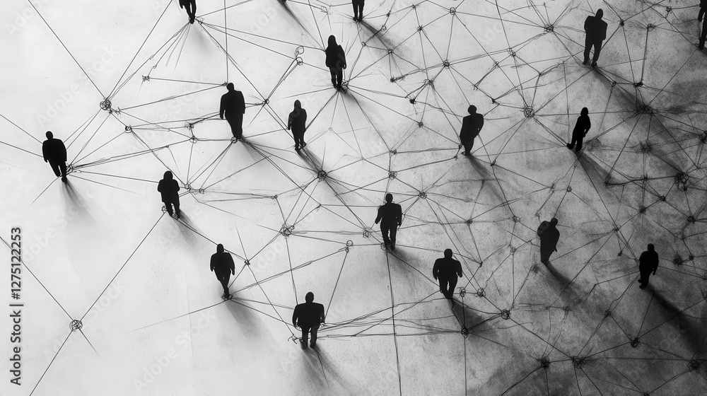 Poster human figures linked by lines in a hexagonal pattern, representing the unity and strength of social 