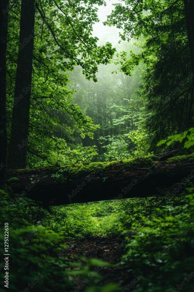 Poster fallen mossy log over a path in a lush, foggy forest. nature background