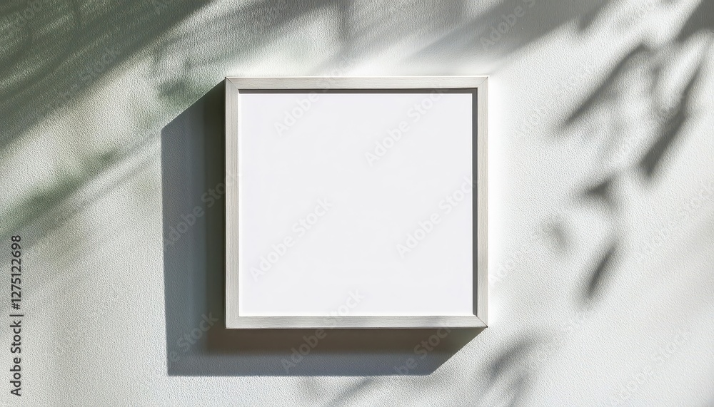 Poster elegant minimalist white frame against a pure backdrop, showcasing empty square mockup illuminated b