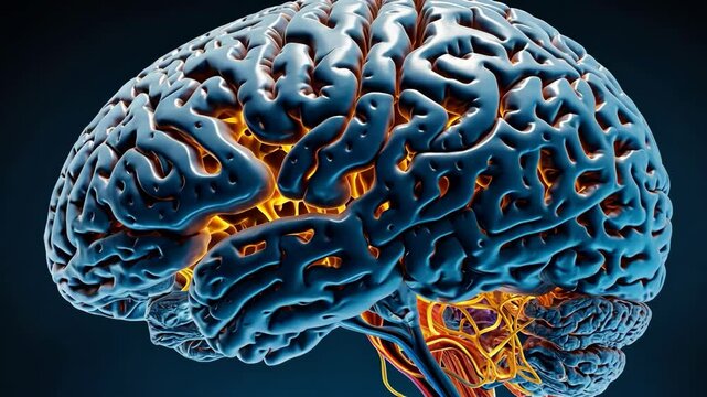 Video footage of detailed artistic rendering of a human brain with highlighted neural pathways in orange, showcasing the complexity and connectivity of the brains structure