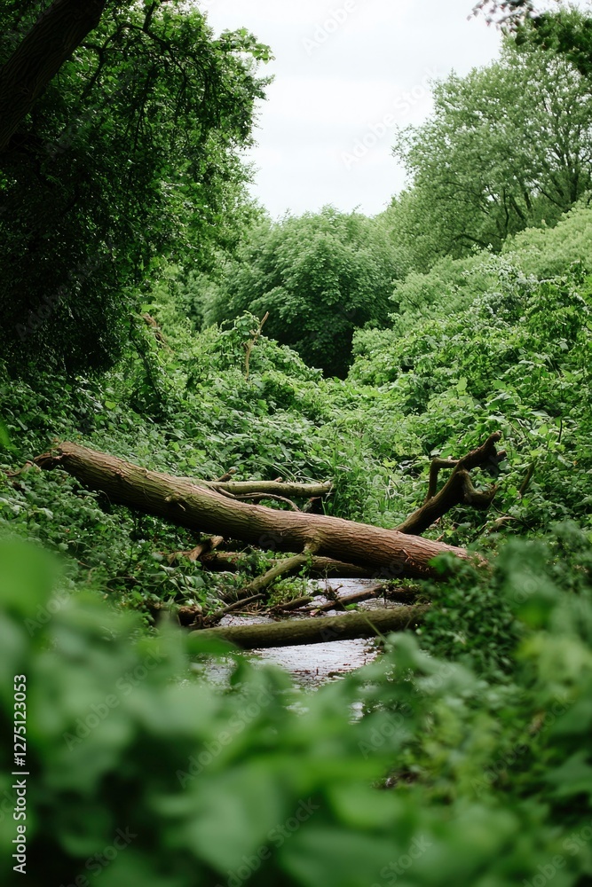 Poster fallen log over small stream in forest. use for ecology or adventure concepts