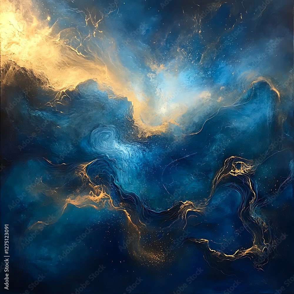 Poster a mesmerizing abstract artwork showcasing swirling blues and golds. the dynamic interplay of color c