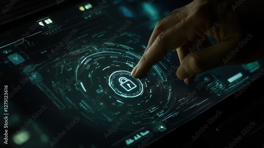 Poster cyber defense mechanism with a secure lock symbol, highlighted by a hand pointing at it in a dark in