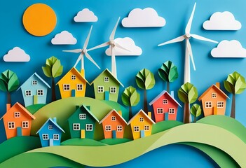 Naklejka premium Eco-Friendly Village Sustainable Living in a Papercraft Idyll