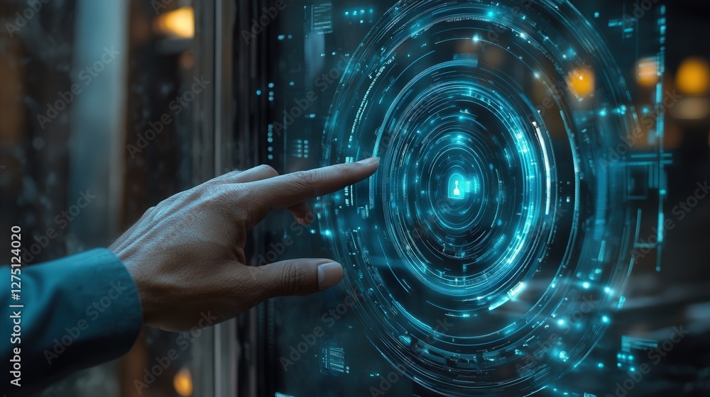 Poster cyber monitoring system with a real-time security alert, where a hand is activating a lock protectio