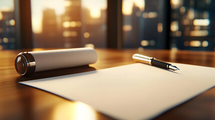 A stylish pen and notepad on a wooden desk, with a backdrop of a beautiful city skyline during sunset.