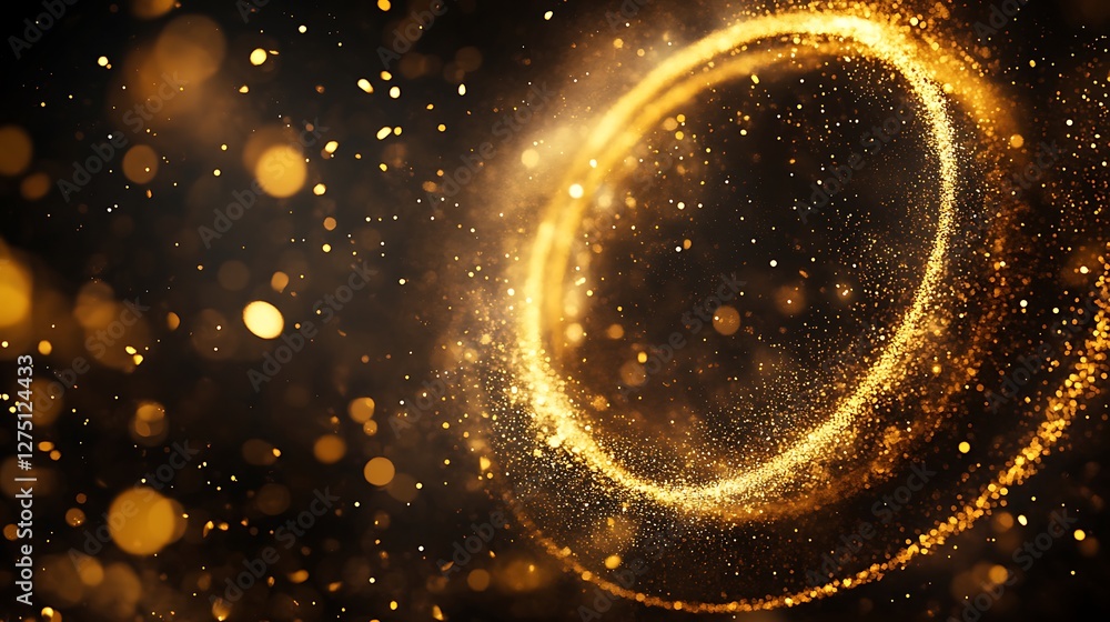 Poster a mesmerizing abstract background showcasing shimmering golden particles and circular light trails. 