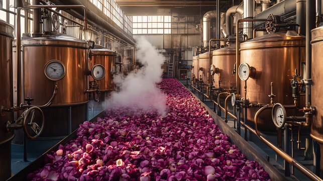 Industrial rose distillation process in a perfume or essential oil factory. Large copper distillation tanks with steaming rose petals. Fragrance production and aromatherapy concept
