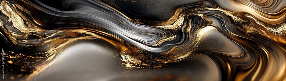 Poster a mesmerizing abstract design featuring flowing black and gold waves. the interplay of colors create