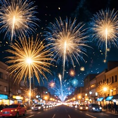 Obraz premium Fireworks Over City Street at Night