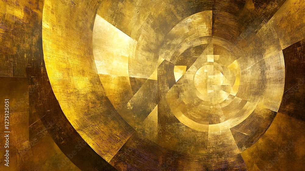Poster a mesmerizing abstract design showcasing intricate circular patterns in rich gold tones