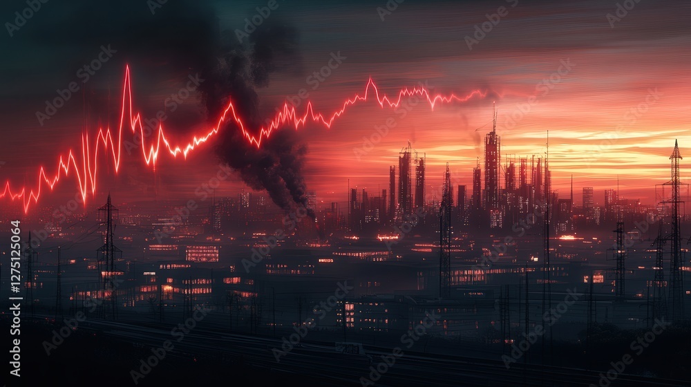 Poster pulsating red heartbeat graph fluctuates wildly in the sky, reflecting the fear and anxiety of trade