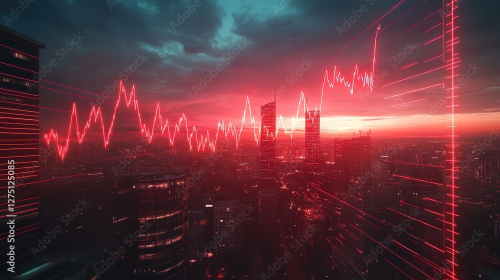 Poster pulsating red heartbeat graph fluctuates wildly in the sky, reflecting the fear and anxiety of trade
