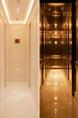 Obraz premium Elegant hallway connects to modern elevator, bright with contemporary architecture