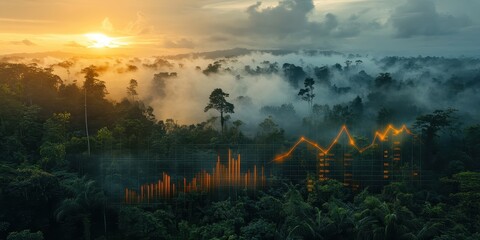 Sunset Over Forest with Financial Graphs and Data Visualizations