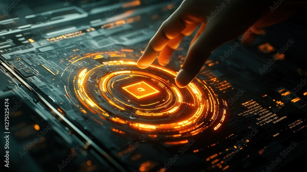 Poster glowing digital lock icon and a hand activating it on a futuristic interface.