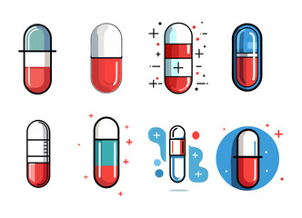 Icons sets collection of stylized pill illustrations in red, white, and blue colors, each with unique designs, highlighting various aspects of pharmaceuticals on a dark background