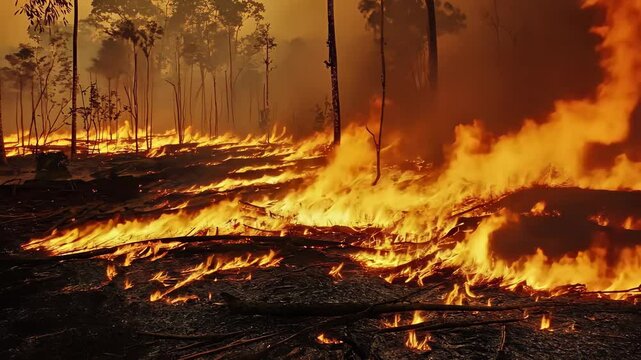 Forest fire consuming trees and vegetation during deforestation in a tropical region, deforestation make fire on forest damage environment video stock ing