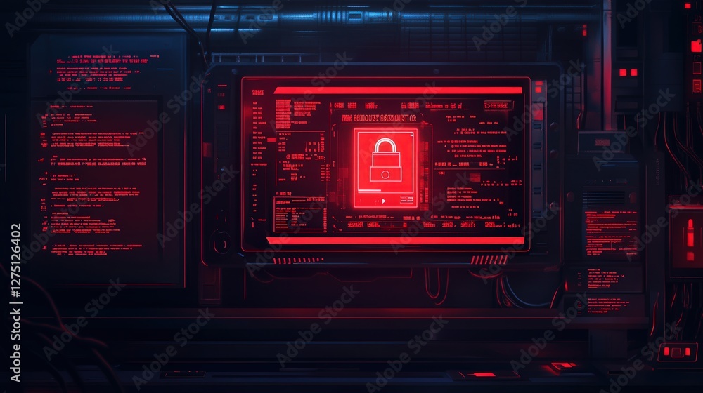 Poster ransomware warning with red alert messages and a locked system interface.