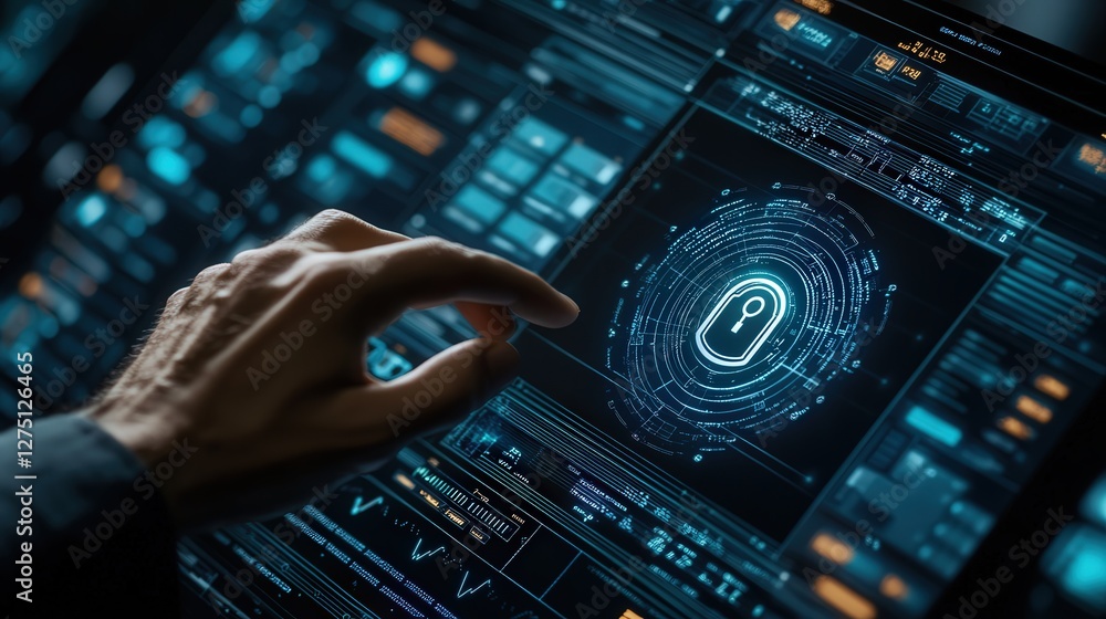 Poster digital cybersecurity dashboard with a hand selecting a secure lock icon.